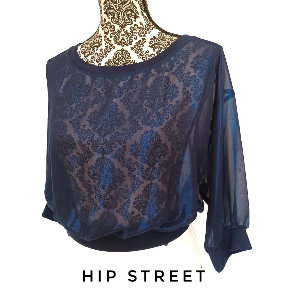 JENNIFER LOPEZ Blouse Top Sheer Chiffon Iridescent Blue SS Blouson  M